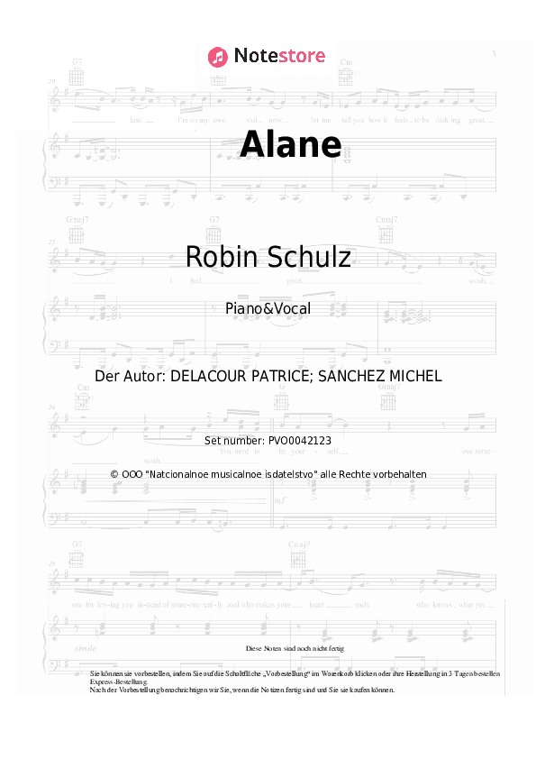 Noten mit Gesang Robin Schulz, Wes - Alane - Klavier&Gesang