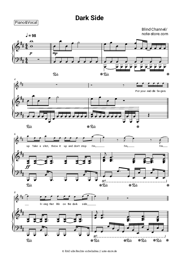 Noten mit Gesang Blind Channel - Dark Side - Klavier&Gesang