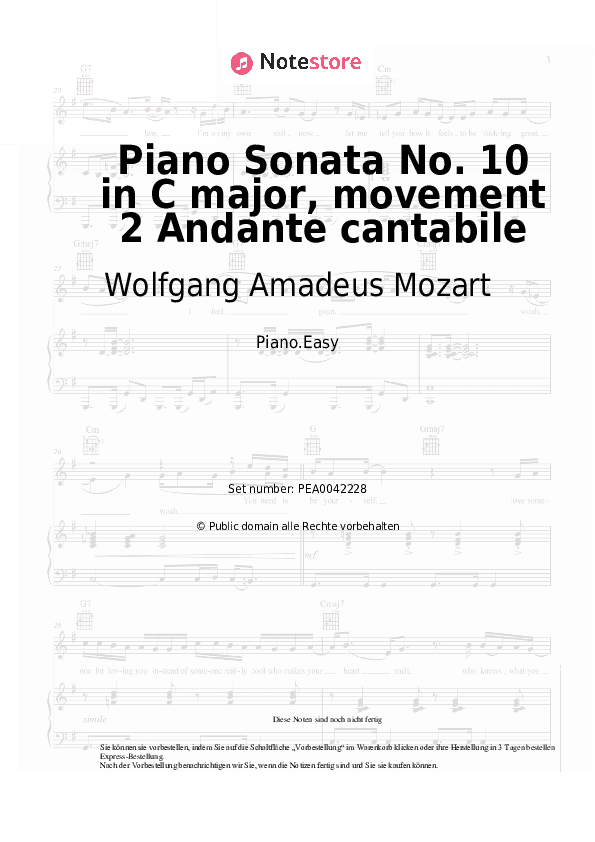 Einfache Noten Wolfgang Amadeus Mozart - Piano Sonata No. 10 in C major, movement 2 Andante cantabile - Klavier.Einfach