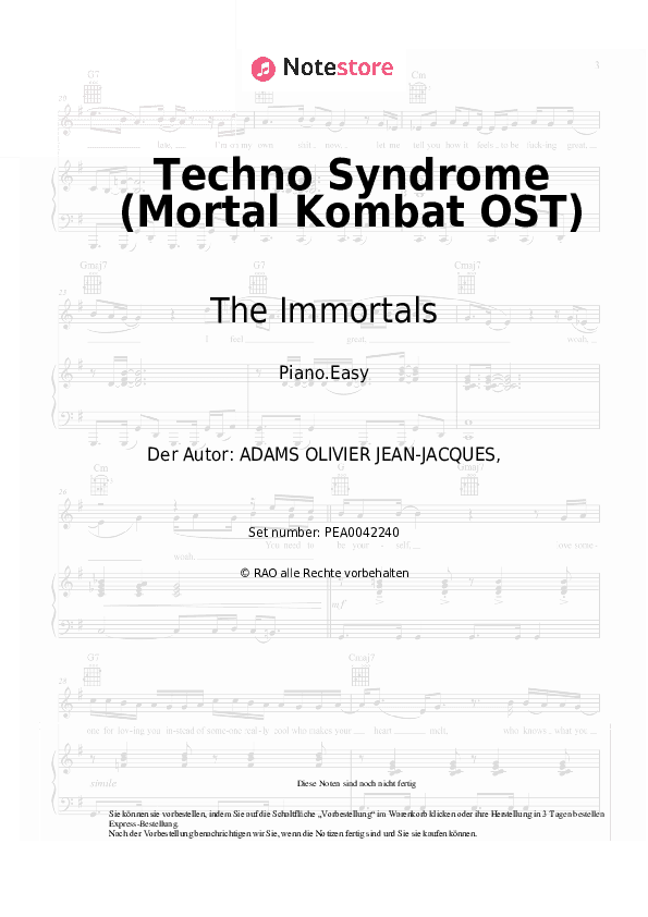 Einfache Noten The Immortals - Techno Syndrome (Mortal Kombat OST) - Klavier.Einfach