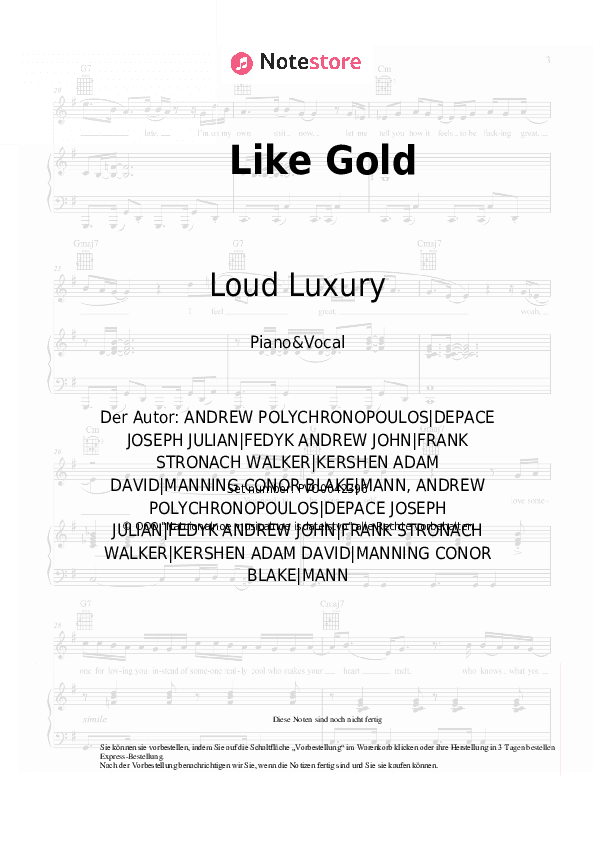 Noten mit Gesang Loud Luxury, Frank Walker, Stephen Puth - Like Gold - Klavier&Gesang