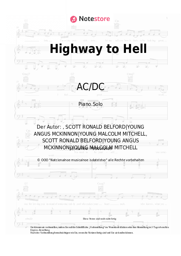Noten AC-DC - Highway to Hell - Klavier.Solo