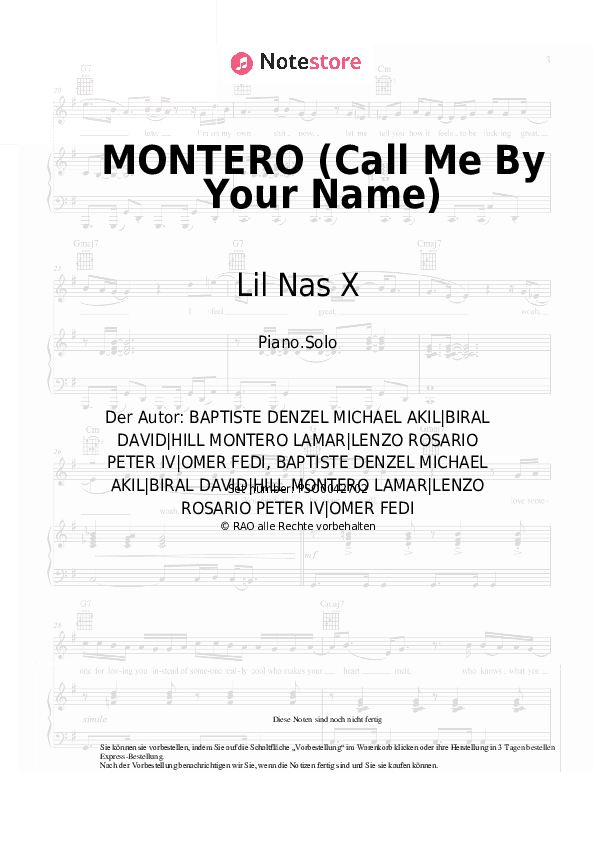 Noten Lil Nas X - MONTERO (Call Me By Your Name) - Klavier.Solo
