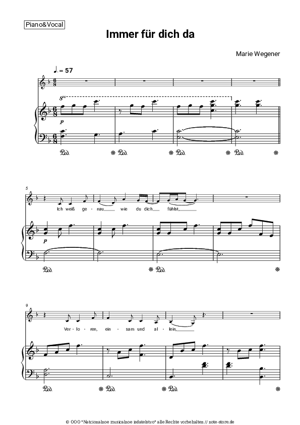 Noten mit Gesang Marie Wegener - Immer für dich da - Klavier&Gesang
