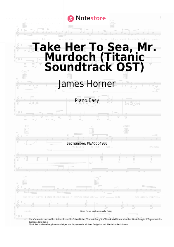 Einfache Noten James Horner - Take Her To Sea, Mr. Murdoch (Titanic Soundtrack OST) - Klavier.Einfach