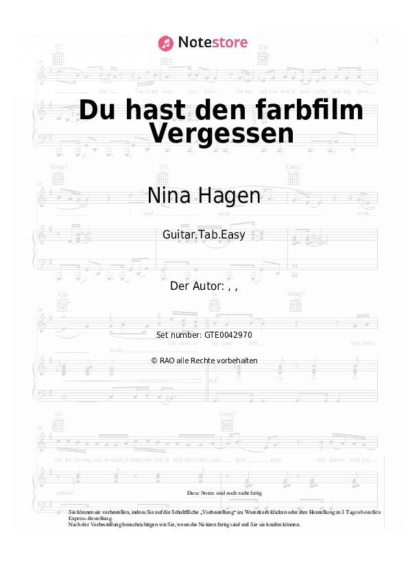 Einfache Tabs Nina Hagen - Du hast den farbfilm Vergessen - Gitarre.Tabs.Easy