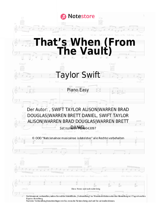 Einfache Noten Taylor Swift, Keith Urban - That’s When (From The Vault) - Klavier.Einfach