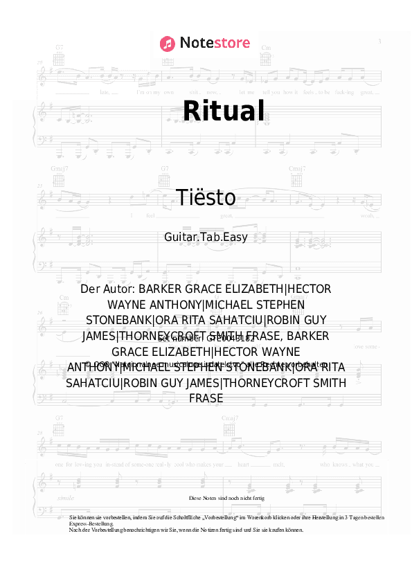 Einfache Tabs Tiësto, Jonas Blue, Rita Ora - Ritual - Gitarre.Tabs.Easy