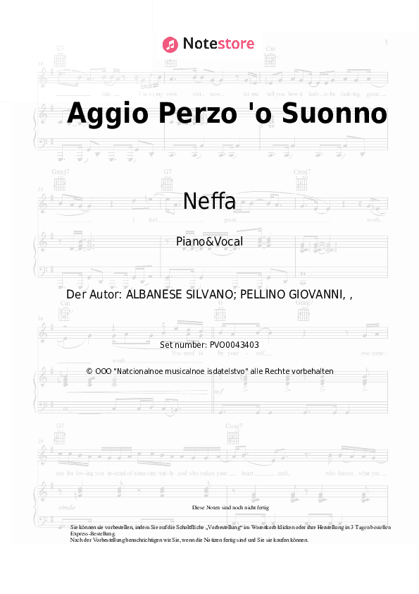 Noten mit Gesang Neffa, Coez, TY1 - Aggio Perzo 'o Suonno - Klavier&Gesang