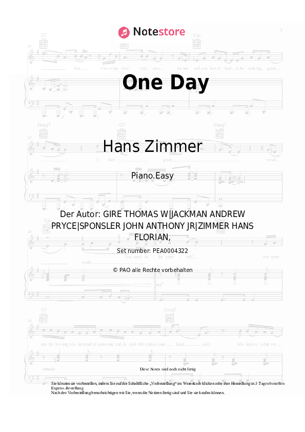 Einfache Noten Hans Zimmer - One Day - Klavier.Einfach