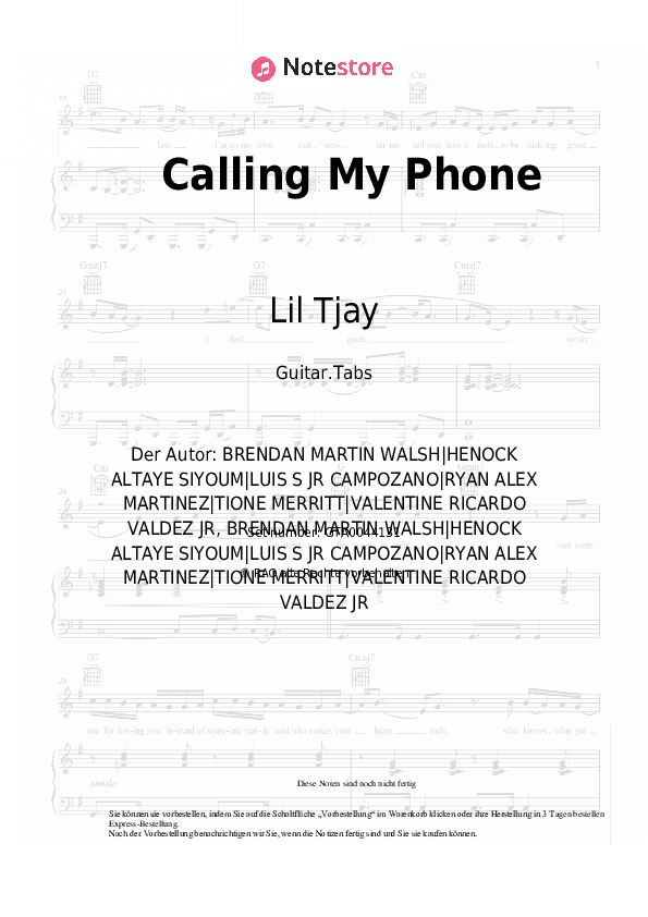 Tabs Lil Tjay, 6lack - Calling My Phone - Gitarre.Tabs