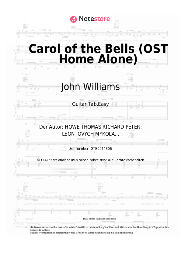 Einfache Tabs John Williams - Carol of the Bells (OST Home Alone) - Gitarre.Tabs.Easy