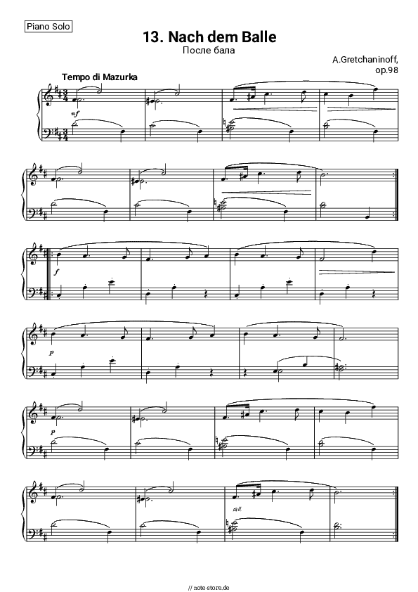 Noten Alexander Gretchaninov - Op. 98, №13 Mazurka - Klavier.Solo