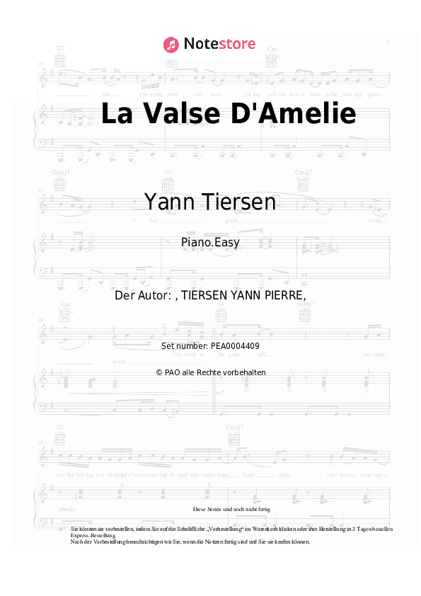 Einfache Noten Yann Tiersen - La Valse D'Amelie - Klavier.Einfach