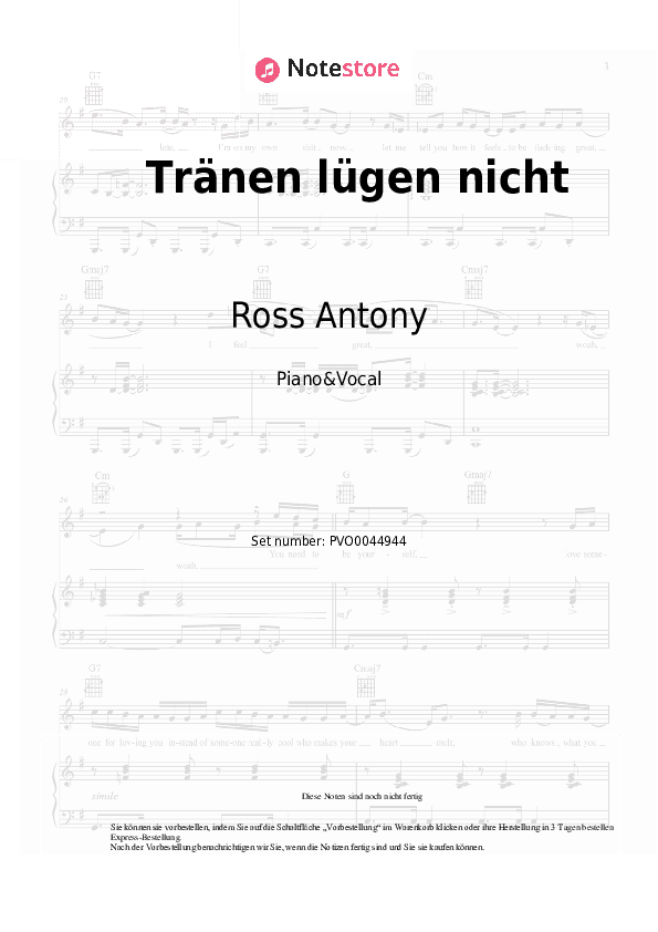Noten mit Gesang Ross Antony - Tränen lügen nicht - Klavier&Gesang