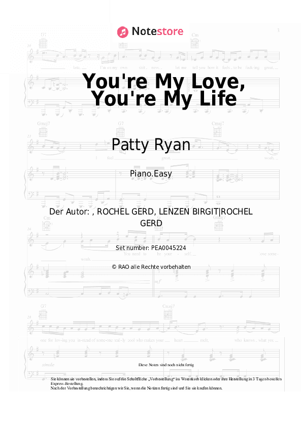 Einfache Noten Patty Ryan - You're My Love, You're My Life - Klavier.Einfach