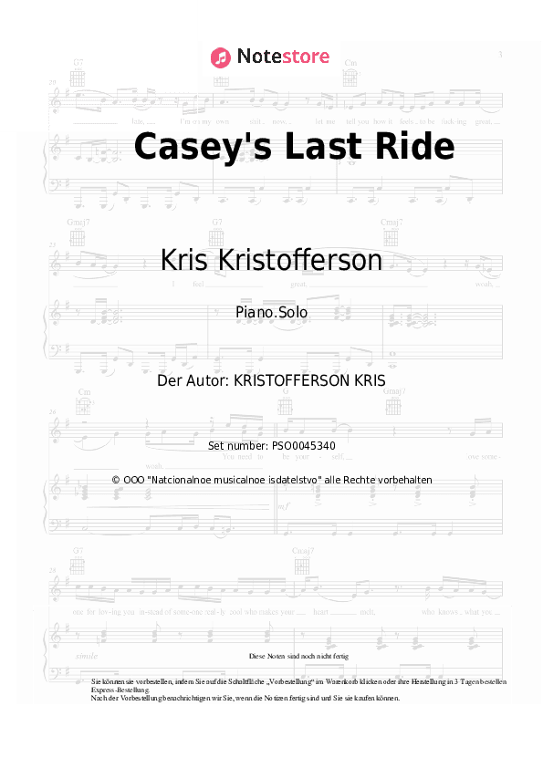 Noten Kris Kristofferson - Casey's Last Ride - Klavier.Solo