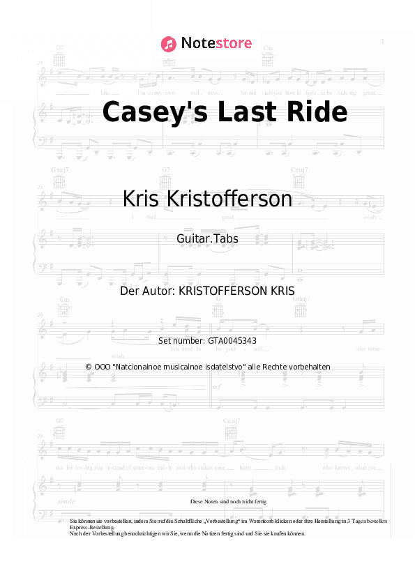 Tabs Kris Kristofferson - Casey's Last Ride - Gitarre.Tabs