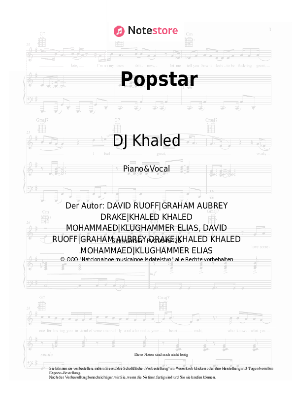 Noten mit Gesang DJ Khaled, Drake - Popstar - Klavier&Gesang
