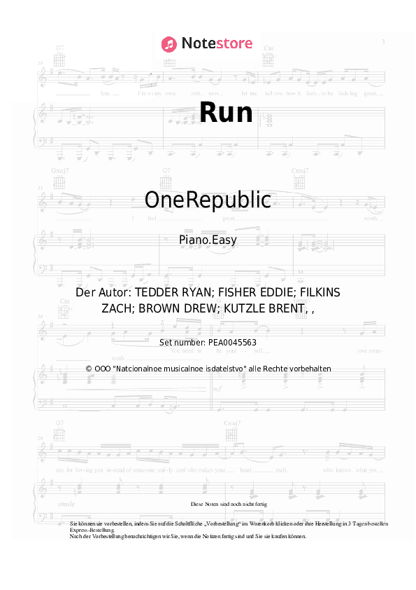Einfache Noten OneRepublic - Run - Klavier.Einfach