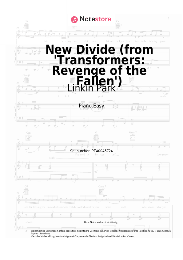 Einfache Noten Linkin Park - New Divide (from 'Transformers: Revenge of the Fallen') - Klavier.Einfach