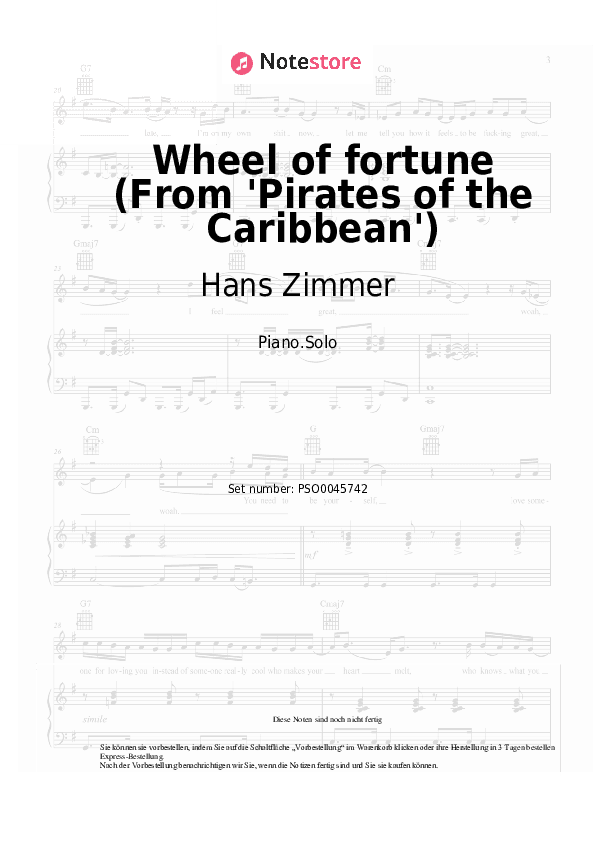 Noten Hans Zimmer - Wheel of fortune (From 'Pirates of the Caribbean') - Klavier.Solo