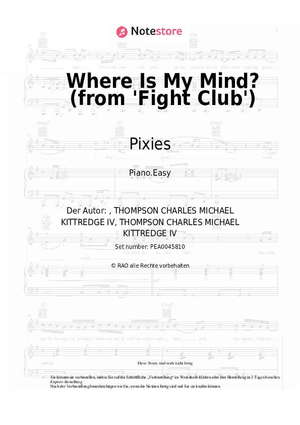 Einfache Noten Pixies - Where Is My Mind? (from 'Fight Club') - Klavier.Einfach