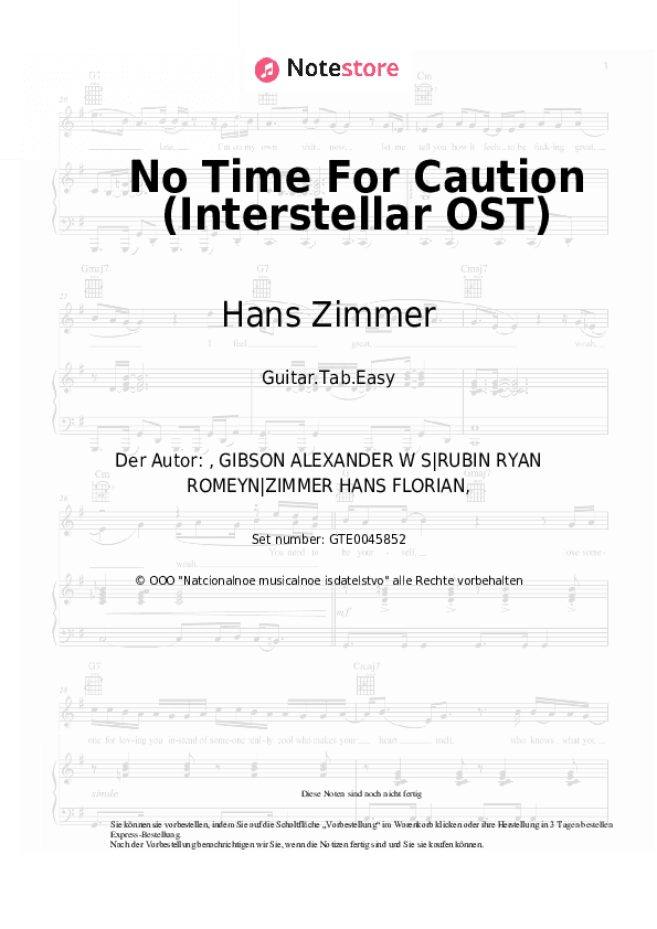 Einfache Tabs Hans Zimmer - No Time For Caution (Interstellar OST) - Gitarre.Tabs.Easy