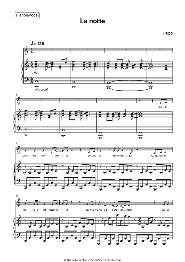 Noten mit Gesang Pupo - La notte - Klavier&Gesang