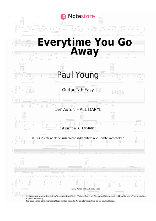 Einfache Tabs Paul Young - Everytime You Go Away - Gitarre.Tabs.Easy