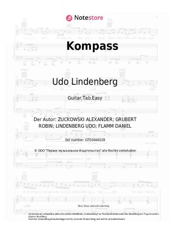 Einfache Tabs Udo Lindenberg - Kompass - Gitarre.Tabs.Easy