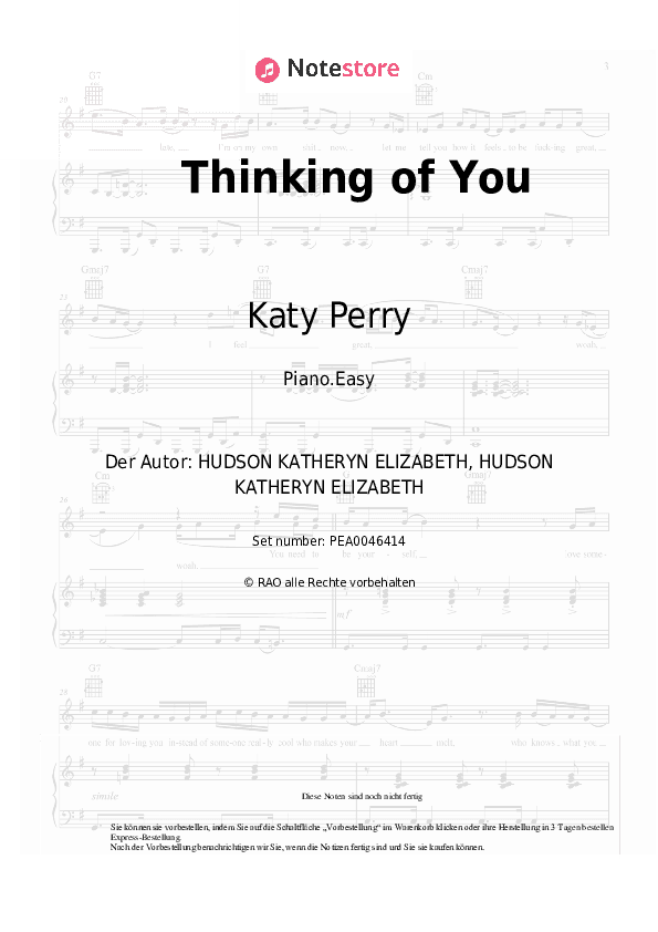 Einfache Noten Katy Perry - Thinking of You - Klavier.Einfach