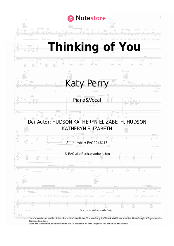 Noten mit Gesang Katy Perry - Thinking of You - Klavier&Gesang