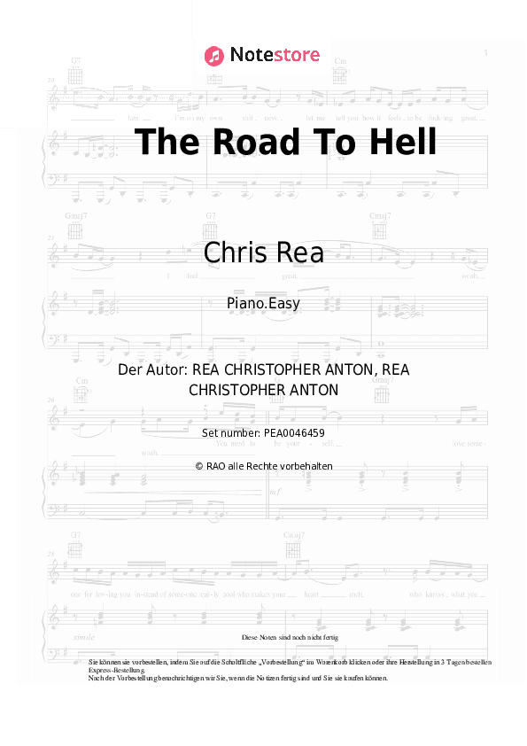 Einfache Noten Chris Rea - The Road To Hell - Klavier.Einfach