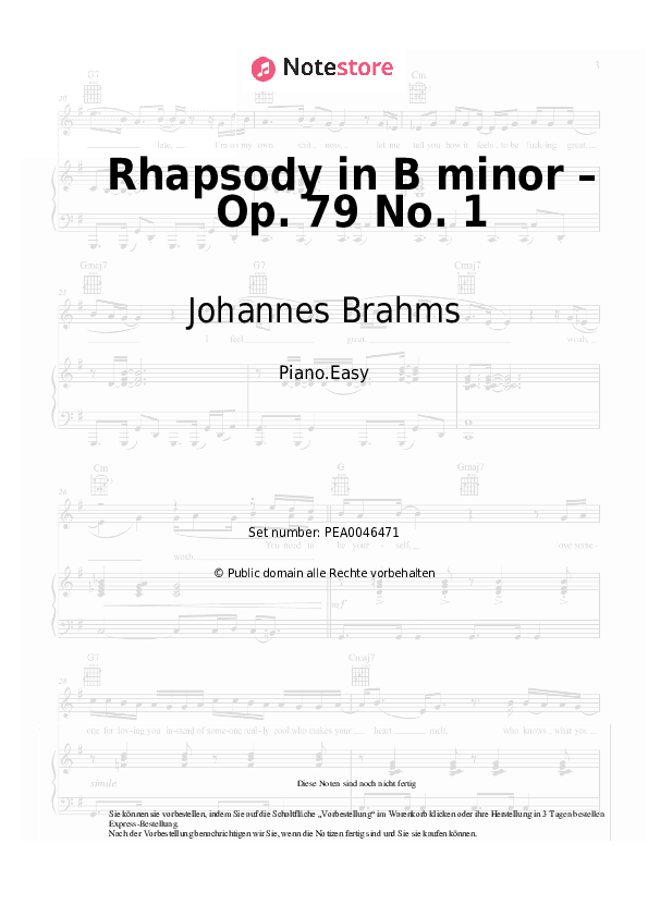Einfache Noten Johannes Brahms - Rhapsody in B minor – Op. 79 No. 1 - Klavier.Einfach