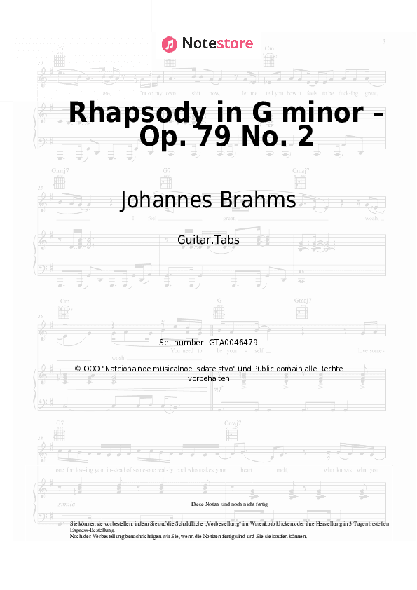 Tabs Johannes Brahms - Rhapsody in G minor – Op. 79 No. 2 - Gitarre.Tabs