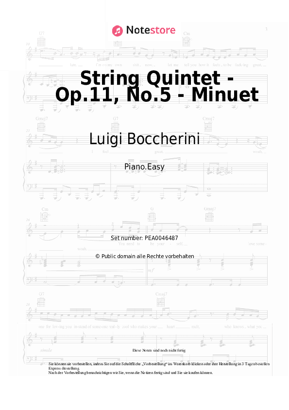 Einfache Noten Luigi Boccherini - String Quintet - Op.11, No.5 - Minuet - Klavier.Einfach