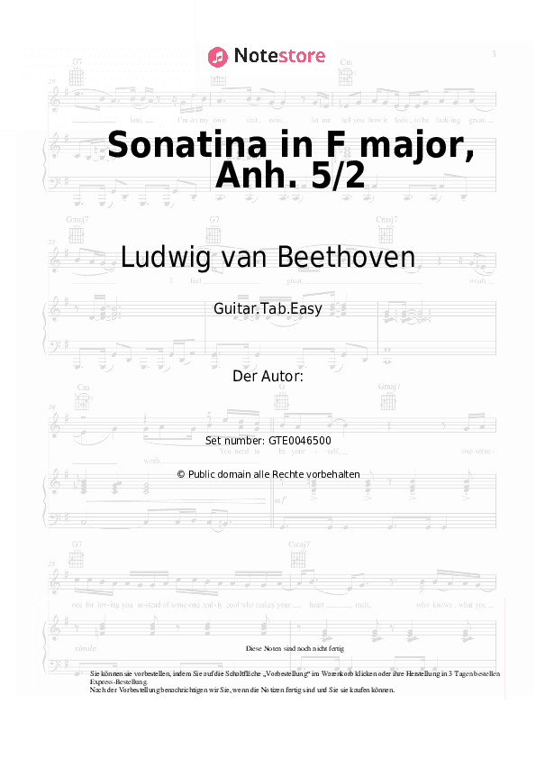 Einfache Tabs Ludwig van Beethoven - Sonatina in F major, Anh. 5/2 - Gitarre.Tabs.Easy