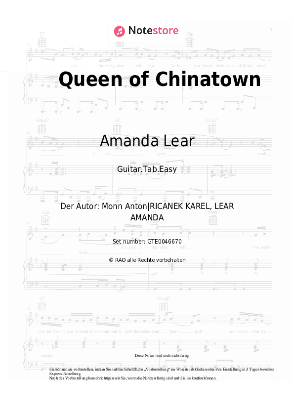 Einfache Tabs Amanda Lear - Queen of Chinatown - Gitarre.Tabs.Easy