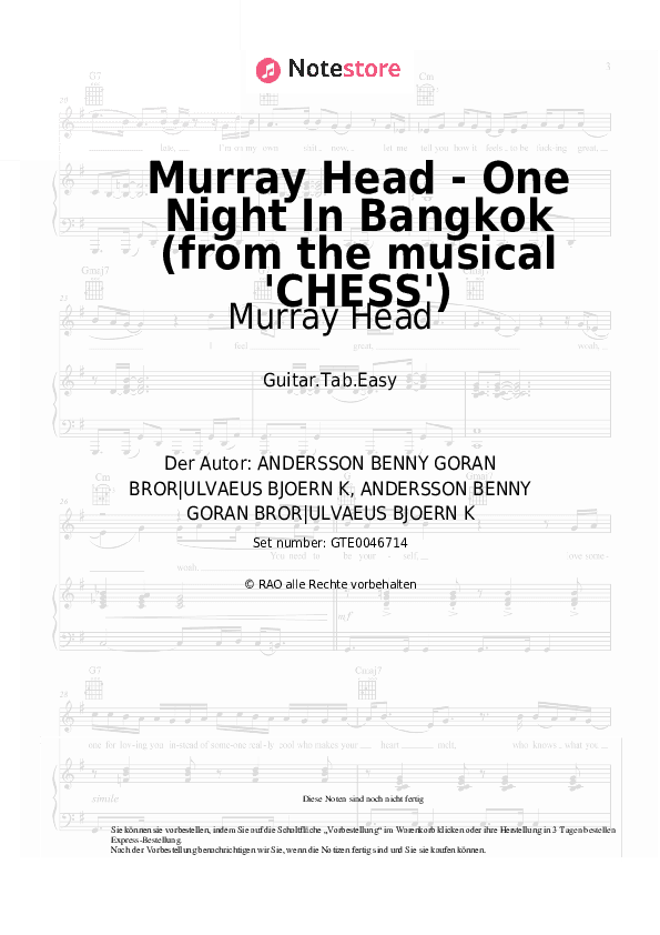 Einfache Tabs Murray Head - Murray Head - One Night In Bangkok (from the musical 'CHESS') - Gitarre.Tabs.Easy