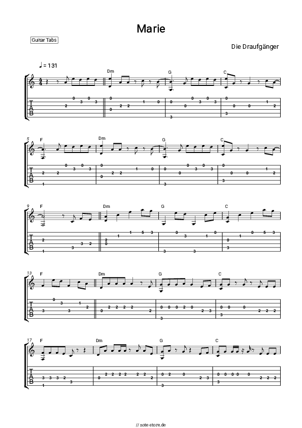 Einfache Tabs Die Draufgänger - Marie - Gitarre.Tabs.Easy