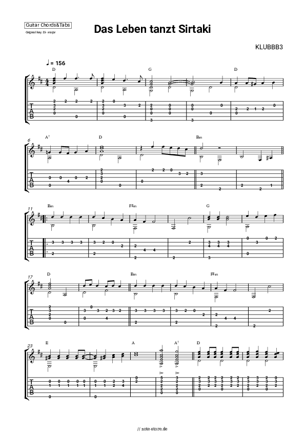 Einfache Tabs Klubbb3 - Das Leben tanzt Sirtaki - Gitarre.Tabs.Easy