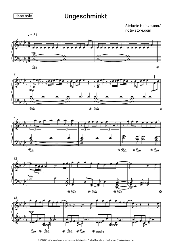 Noten Stefanie Heinzmann - Ungeschminkt - Klavier.Solo
