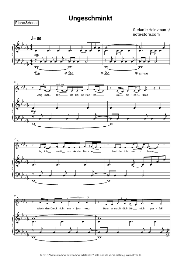 Noten mit Gesang Stefanie Heinzmann - Ungeschminkt - Klavier&Gesang