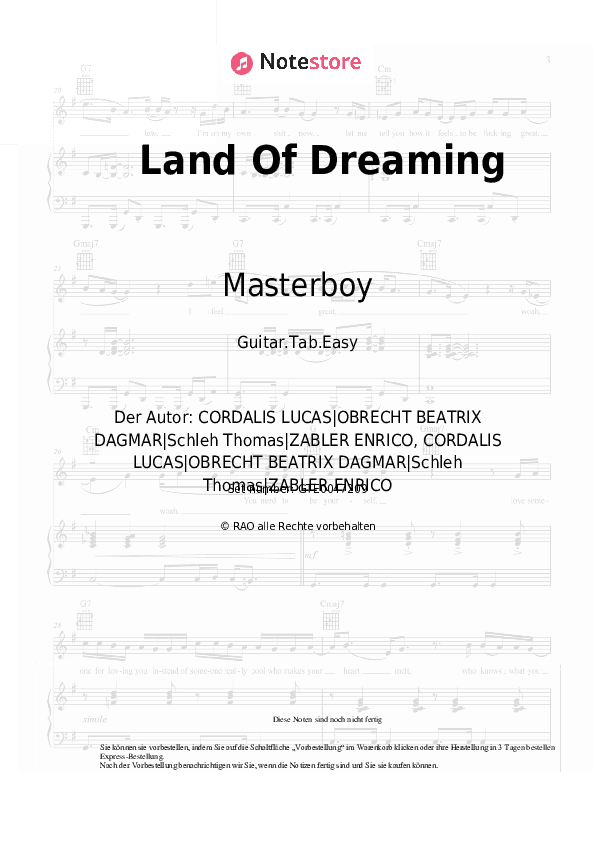 Einfache Tabs Masterboy - Land Of Dreaming - Gitarre.Tabs.Easy