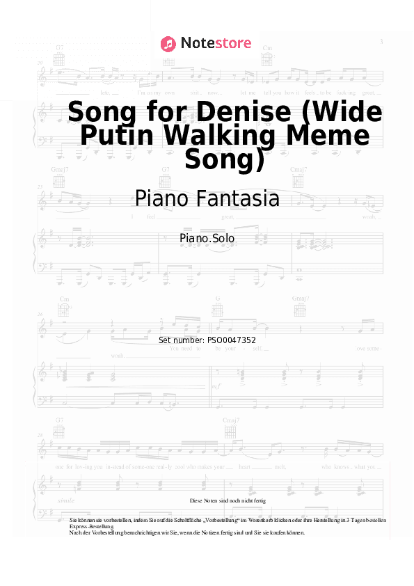 Noten Piano Fantasia - Song for Denise (Wide Putin Walking Meme Song) - Klavier.Solo