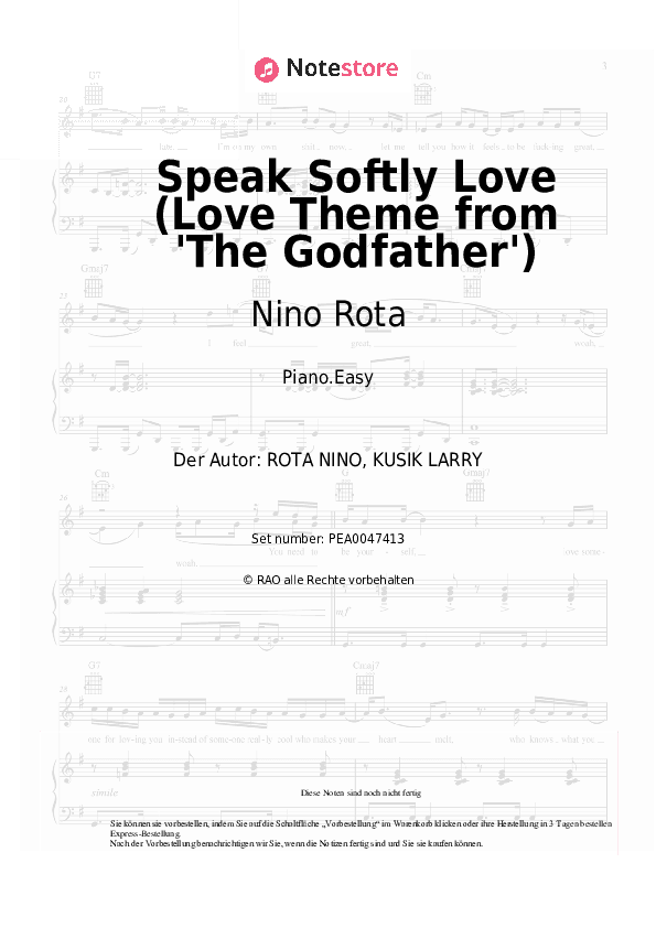 Einfache Noten Nino Rota, Andy Williams - Speak Softly Love (Love Theme from 'The Godfather') - Klavier.Einfach
