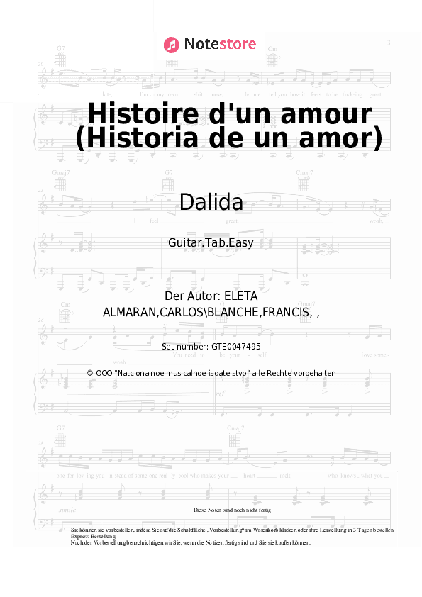 Einfache Tabs Dalida - Histoire d'un amour (Historia de un amor) - Gitarre.Tabs.Easy