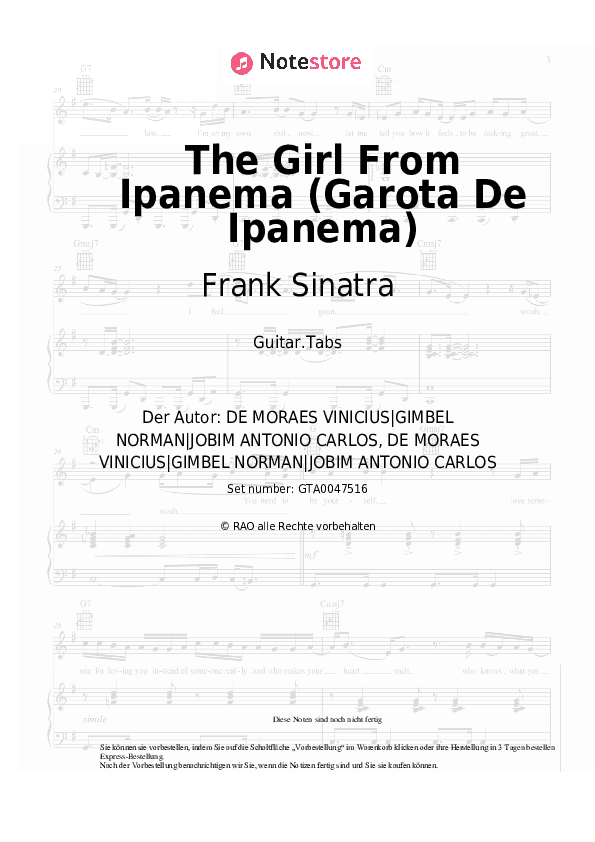Tabs Frank Sinatra, Antonio Carlos Jobim - The Girl From Ipanema (Garota De Ipanema) - Gitarre.Tabs