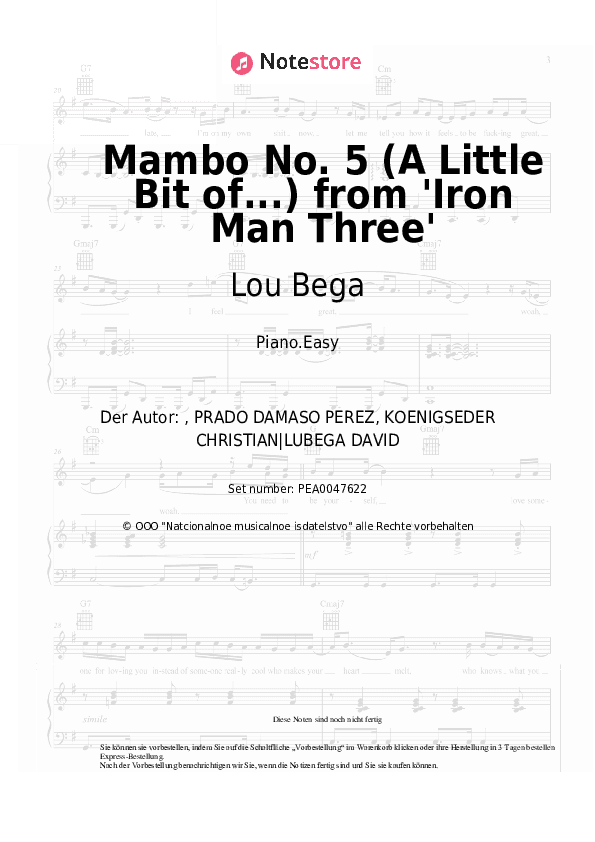 Einfache Noten Lou Bega - Mambo No. 5 (A Little Bit of...) from 'Iron Man Three' - Klavier.Einfach